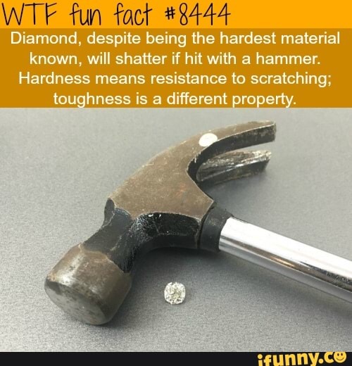 WTF fun foct #8444
Diamond, despite being the hardest material known, will shatter if hit with a hammer.
Hardness means resistance to scratching;