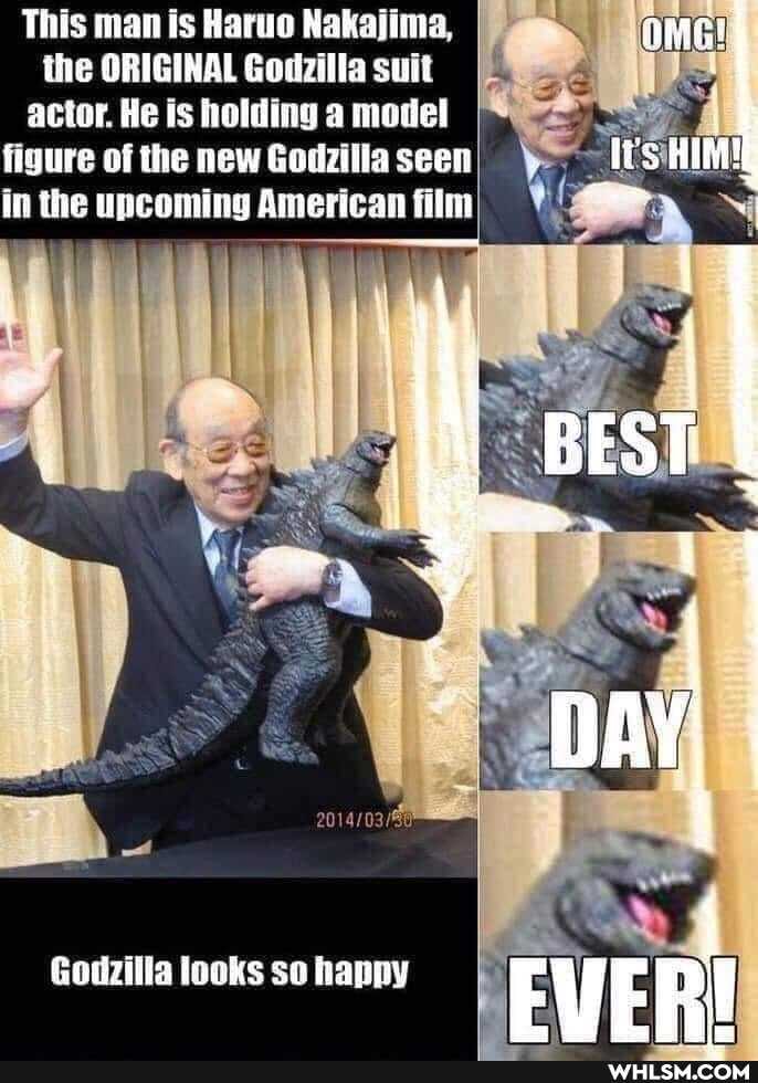 This man is Haruo Nakajima, the ORIGINAL Godzilla suit actor. He is holding a model figure of the new Godzilla seen HIE in the upcoming American film
Godzilla looks so happy