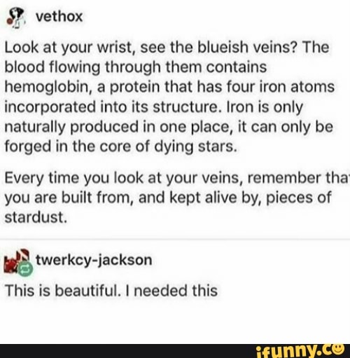 Look at your wrist, see the blueish veins? The
blood flowing through them contains
hemoglobin, a protein that has four iron atoms
incorporated into its structure. Iron is only
naturally produced in one place, it can only be
forged in the core of dying stars.
Every time you look at your veins, remember tha
you are built from, and kept alive by, pieces of
stardust.
ted
This is beautiful. I needed this