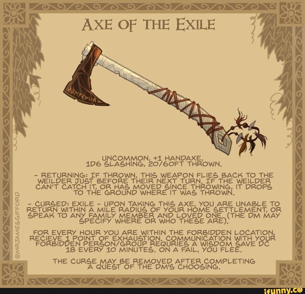 AXE OF THE EXILE LIGAR eba? 60FT THROWN. BETUBNING: Te THROWN, THIS ...