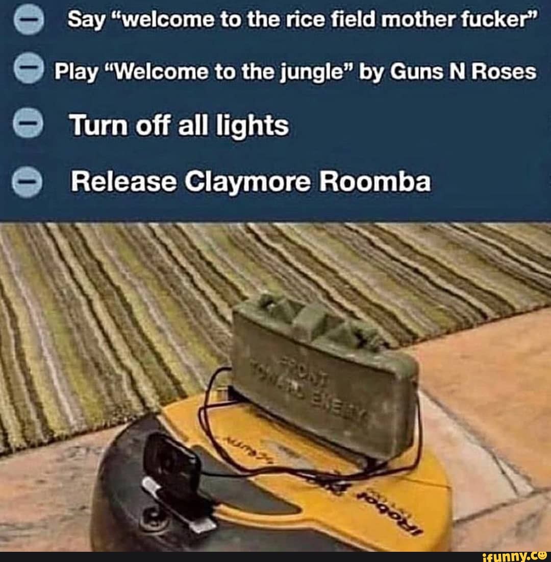 Say "welcome to the rice field mother fucker"
Play "Welcome to the jungle" by Guns N Roses
Turn off all lights
Release Claymore Roomba