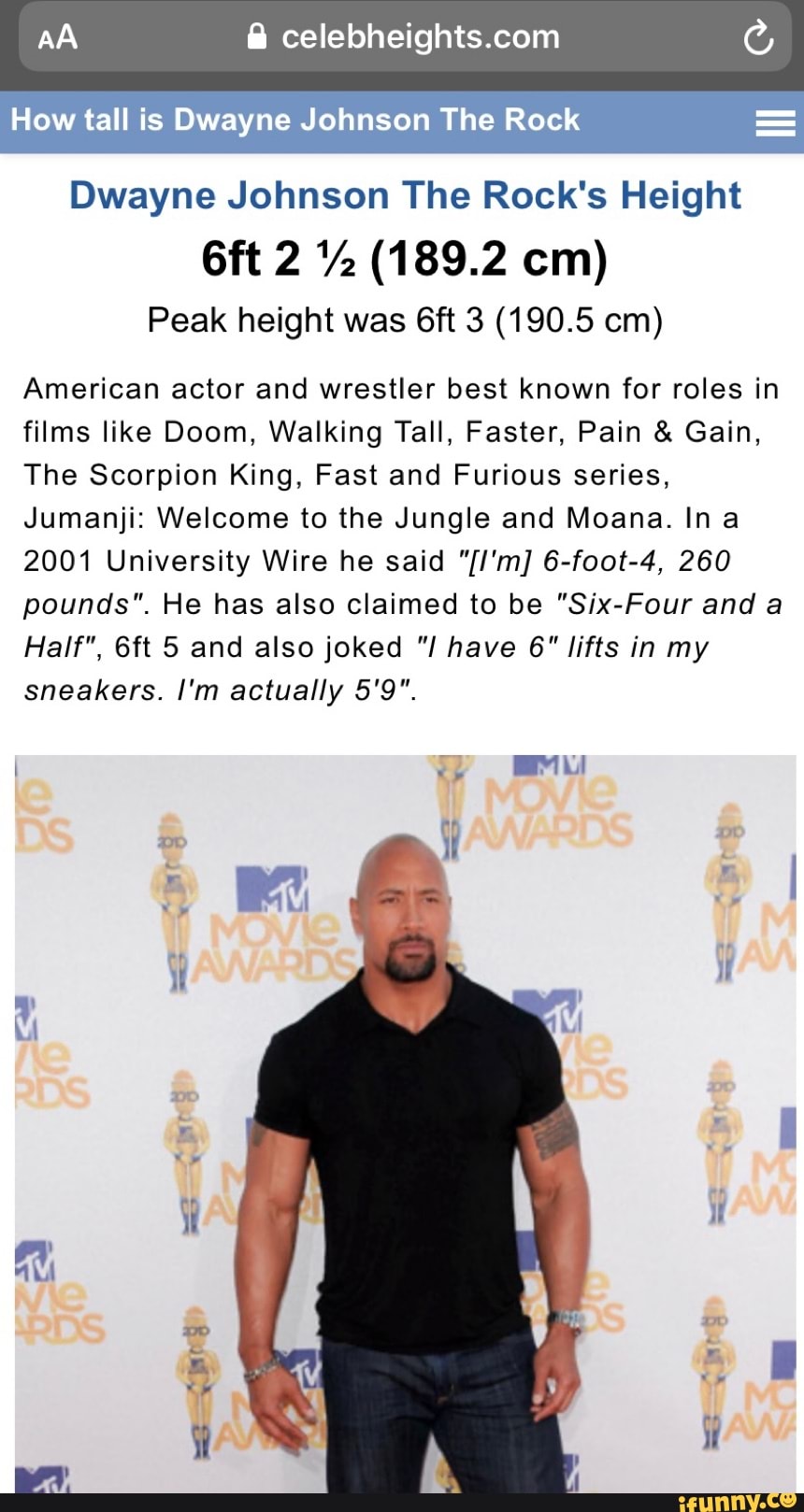 How tall is Dwayne Johnson The Rock Dwayne Johnson The Rock’s Height