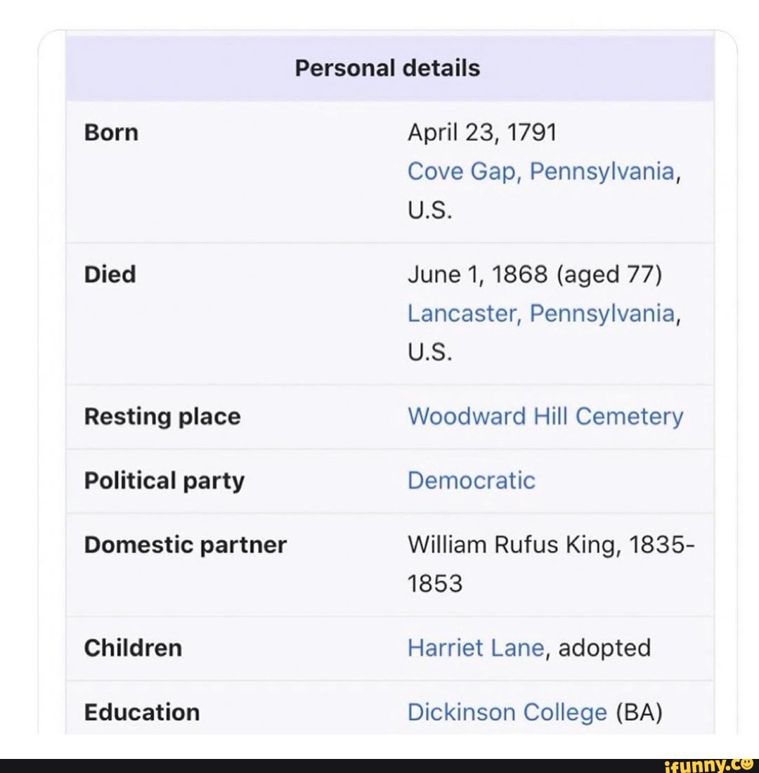 Personal details
Born April 23, 1791
Cove Gap, Pennsylvania,
Died June 1, 1868 (aged 77)
Lancaster, Pennsylvania,
US:
Resting place Woodward Hill Cemetery
Political party Democratic
Domestic partner William Rufus King, 1835-
1853
Children Harriet Lane, adopted
Education Dickinson College (BA)