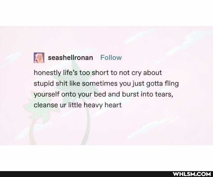 Follow
honestly life's too short to not cry about stupid shit like sometimes you just gotta fling yourself onto your bed and burst into tears, cleanse ur little heavy heart