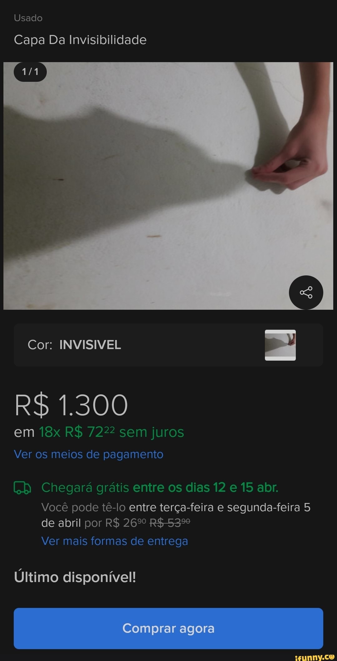 Usado
Capa Da Invisibilidade
Cor: INVISIVEL
R$ 1.300
em R$ 7222 sem juros
Ver os meios de pagamento
Chegará grátis entre os dias 12 e 15 abr.
Você pode tê-lo entre terça-feira e segunda-feira 5 de abril por R$ 26%
Ver mais formas de entrega
Comprar agora
Último disponível!