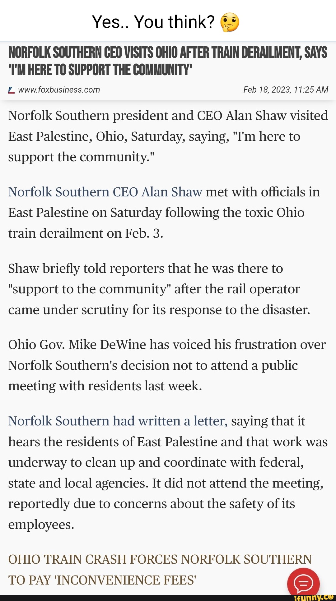 Yes You Think Norfolk Southern Ceo Visits Ohio After Train Derailment Says Tm Here To