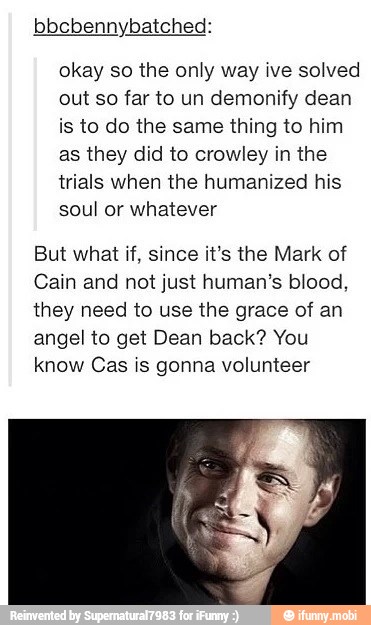bbcbennybatched:
okay so the only way ive solved
out so far to un demonify dean
is to do the same thing to him
as they did to crowley in the
trials when the humanized his
soul or whatever
But what if, since it's the Mark of
Cain and not just human's blood,
they need to use the grace of an
angel to get Dean back? You
know Cas is gonna volunteer
