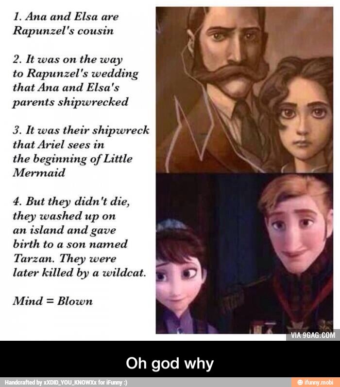 1. Ana and Elsa
the way
to Rapunzel's wedding
that Ana and Elsa's
parents shipwrecked
their shipwreck
that Ariel sees
in
the beginning of Little
Mermaid
4. But they didn't die,
they washed up on
an
island and gave
birth to a son
named
Tarzan. They were
later killed by a
wildcat.
Blown
Oh god why - Oh god why