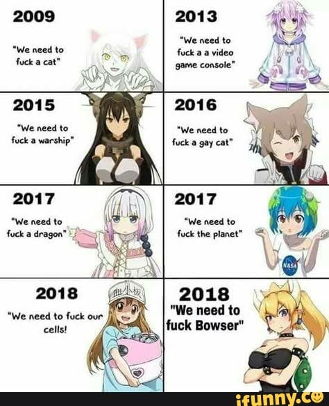 2009 2013
"We need to Ma
We need to: fuck aa video
2015
"We need to
2017
"We need to
fuck dragon"")
game console"
2018
"We need to
"We need to fuck our cells! fuck Bowser"
cells!