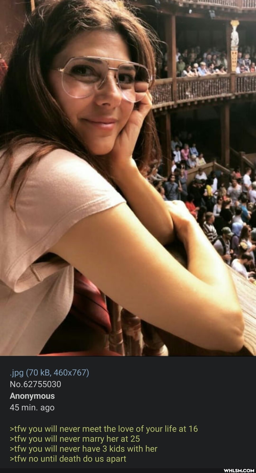 jpg (70 kB, 460x767)
No.62755030
Anonymous
45 min. ago
>tfw you will never meet the love of your life at 16
>tfw you will never marry her at 25
>tfw you will never have 3 kids with her
>tfw no until death do us apart