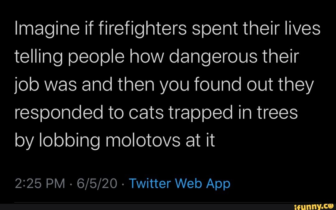 Imagine if firefighters spent their lives
telling people how dangerous their
job was and then you found out they
responded to cats trapped in trees
by lobbing molotovs at it
2:25 PM
Twitter Web App
