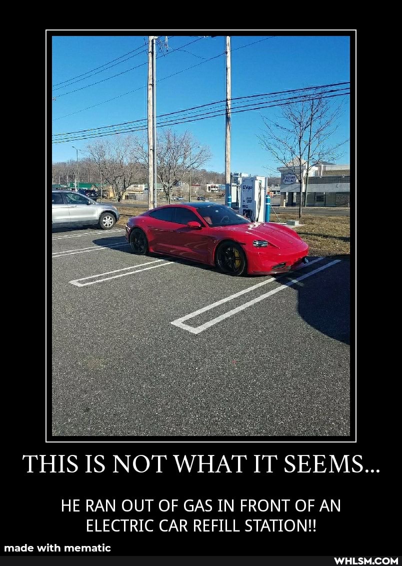 THIS IS NOT WHAT IT SEEMS...
HE RAN OUT OF GAS IN FRONT OF AN ELECTRIC CAR REFILL STATION!