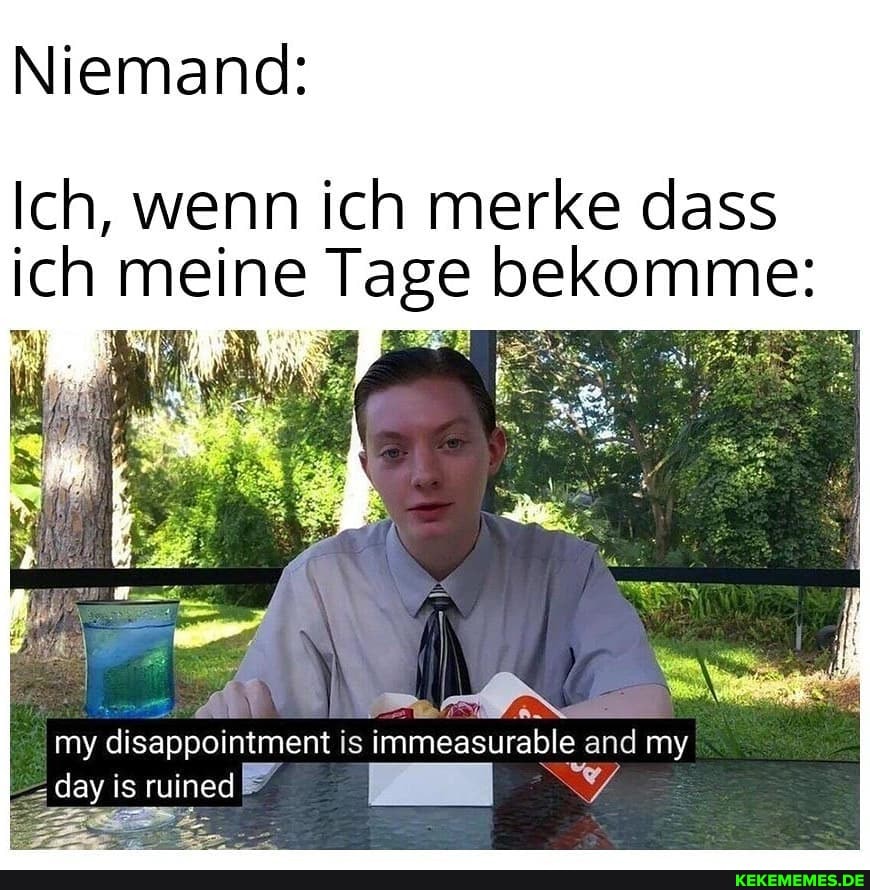 Niemand:
Ich, wenn ich merke dass ich meine Tage bekomme:
my disappointment is immeasurable and my
ay is ruined