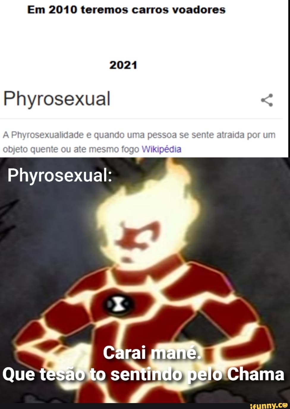 Em 2010 teremos carros voadores
2021
Plyrosexual
A Phyrosexualidade quando uma pessoa se sente atraida por um objeto quente ou ate mesmo fogo Wikipédia
Phyrosexual:
Carai mané.
Que tesão to sentindo pelo Chama