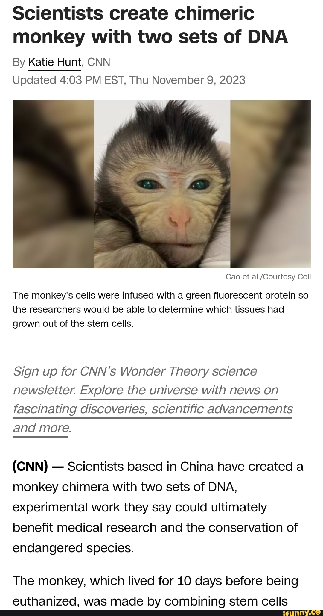 Scientists create chimeric monkey with two sets of DNA