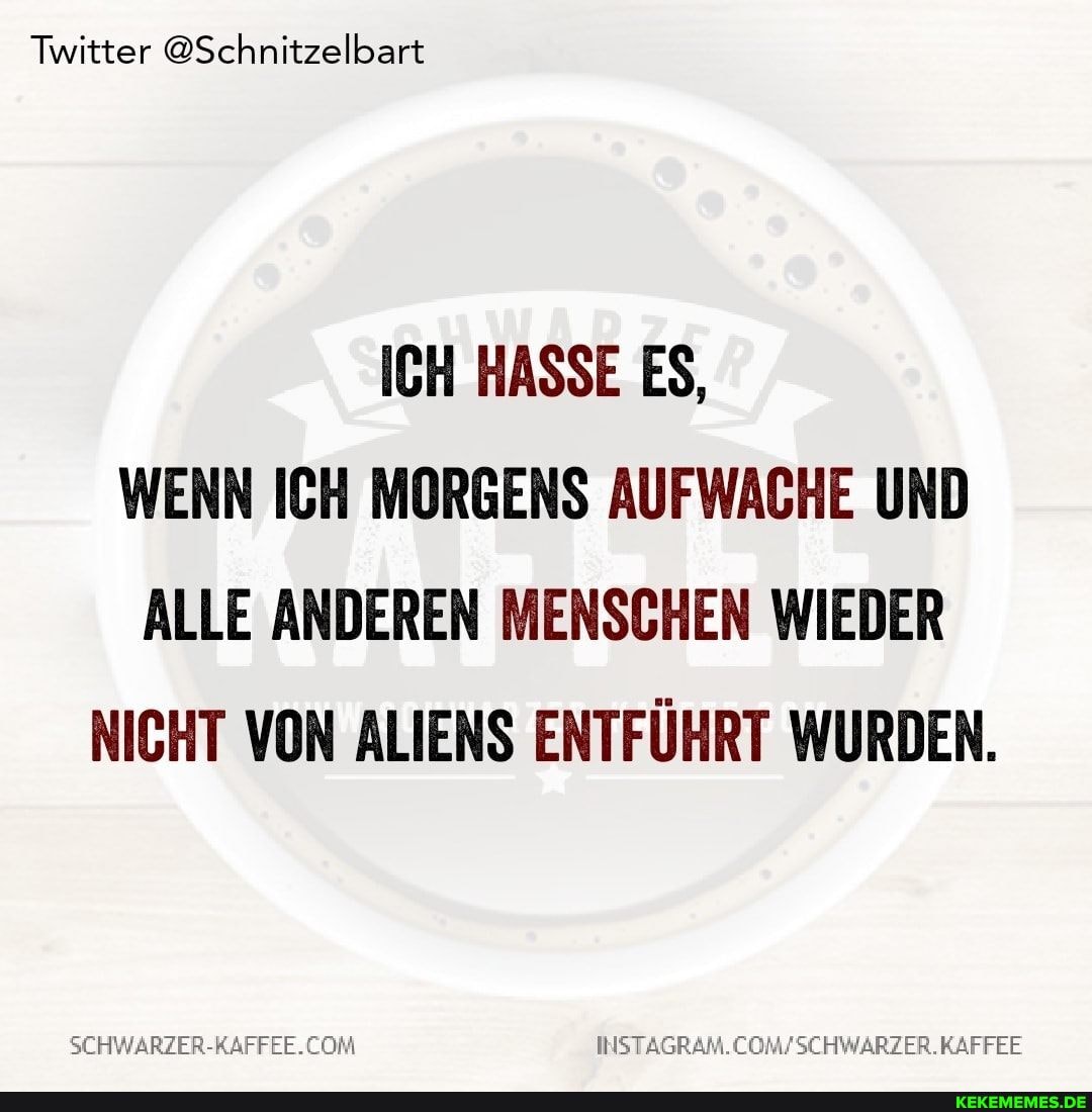 Twitter @Schnitzelbart
ICH HASSE ES,
WENN ICH MORGENS AUFWACHE UND ALLE ANDEREN MENSCHEN WIEDER NICHT VON ALIENS ENTFÜHRT WURDEN.