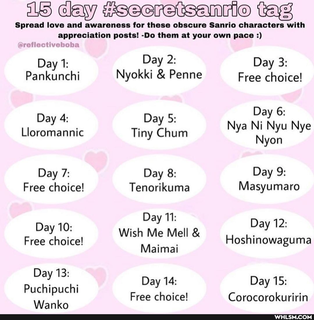 Cay ZSecretsaniio tag
Spread love and awareness for these obscure Sanrio characters with appreciation posts! -Do them at your own pace
@reflectiveboba
Day 1:
Pankunchi
Day 4:
Lloromannic
Day 7:
Free choice!
Day 10:
Free choice!
Day 13:
Puchipuchi
Wlanko
Day 2:
Nyokki & Penne
Day 5:
Tiny Chum
Day 8:
Tenorikuma
Day 11:
Wish Me Mell &
Maimai
Day 14:
Free choice!
Day 3:
Free choice!
Day 6:
Nya Ni Nyu Nye
Nyon
Day 9:
Masyumaro
Day 12:
Hoshinowaguma
Day 15:
Corocorokuririn