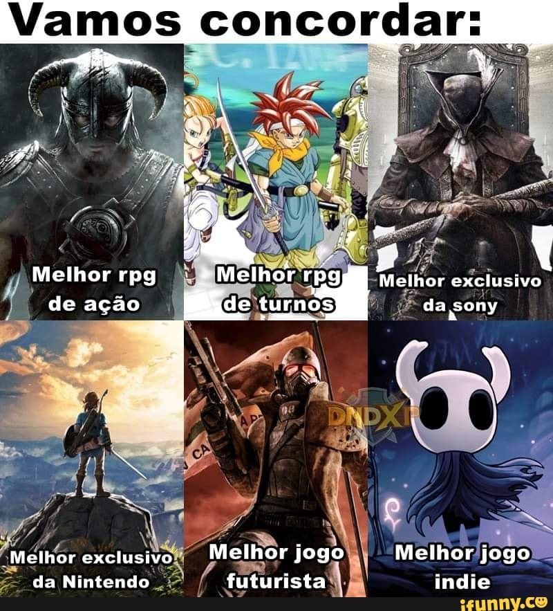 Vamos concordar:
Melhor rpg I Melhor Melhor exclusivo
de ação I tucnos
da sony
Melhor exclusivo Melhor jogo Melhor jogo
da Nintendo futurista indie