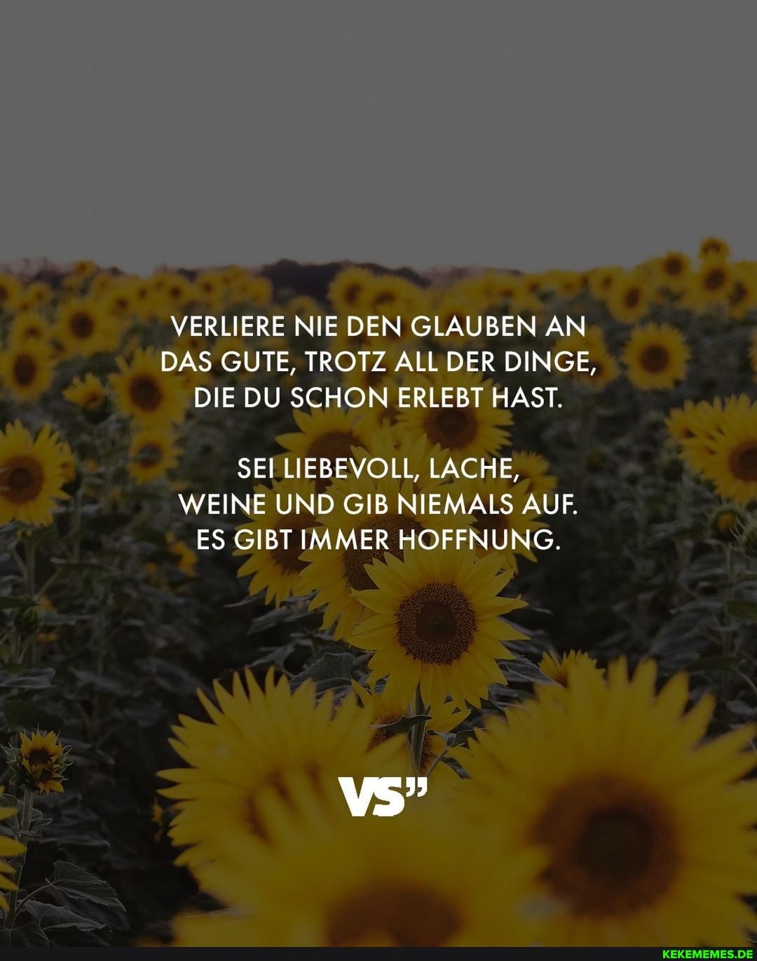 VERLIERE NIE DEN GLAUBEN AN DAS GUTE, TROTZ ALL DER DINGE,
DIE DU SCHON ERLEBT HAST.
SEI LIEBEVOLL, LACHE, er WEINE UND GIB NIEMALS AUF.
ES GIBT IMMER HOFFNUNG.