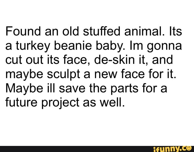 Found an old stuffed animal. Its
a turkey beanie baby. Im gonna
cut out its face, de-skin it, and
maybe sculpt a new face for it.
Maybe ill save the parts for a
future project as well.