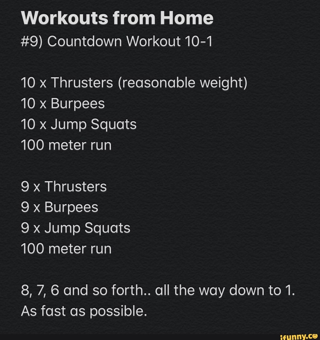 Workouts from Home #9) Countdown Workout 10-1 10 x Thrusters ...