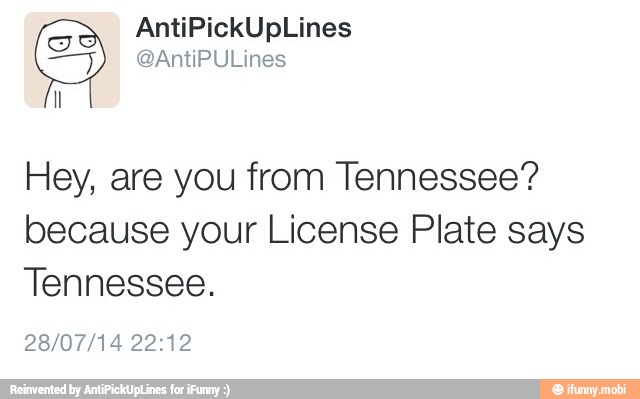 Hey, are you from Tennessee?
because your License Plate says
Tennessee.
28/07/14 22:12