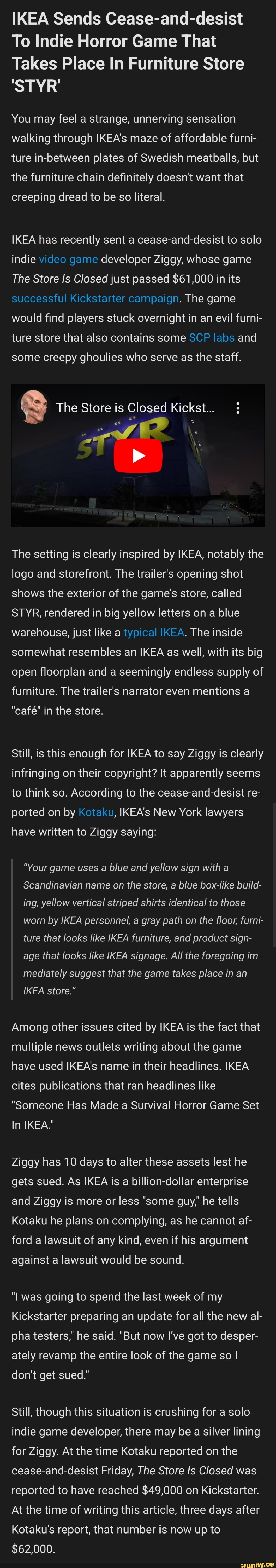 Ikea sues indie game developer over survival horror game set in