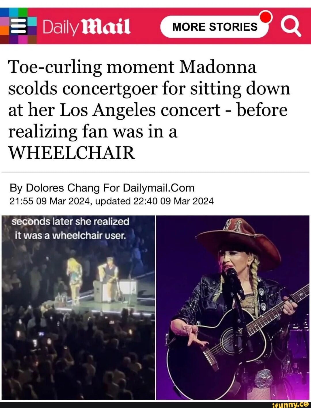 MORE STORIES Daily Toe-curling moment Madonna scolds concertgoer for  sitting down at her Los Angeles