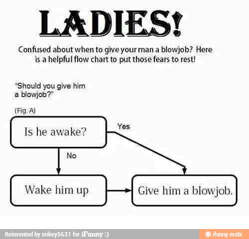 LADIES!
Confused about when to give your man a blowjob? Here
is a helpful flow chart to put those fears to rest!
"Should you give him
a
blowjob?"
Is he awake
Give him a blowjob,