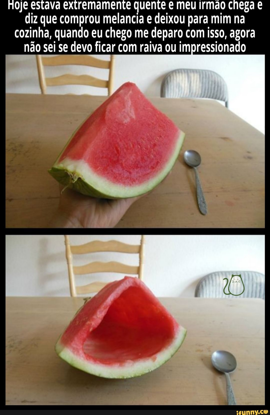 diz que comprou melancia e deixou para mim na
cozinha, quando eu chego me deparo com isso, agora
não sei se devo ficar com raiva ou impressionado