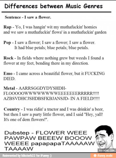 Differences between Music Genres
Sentence
I saw a
flower.
Rap Yo, I was hangin' wit my muthafuuckin' homies
and we saw a muthafuckin' flowa' in a
muthafuckin' garden
Pop
1 saw a
flow
It had blue petal
I saw a flower; I saw a
flower.
blue petals; blue petals.
Rock In fields where nothing grew but weeds I found a
flower at my feet, bending there in my direction,
I came across a
beautiful flower, but it FUCKING
DIED.
Metal
AARRSGGDYDYSHDH-
FLOOOOOWWWWW' 'WEEEEEEERRRRR!!!!!
AZBSVDHCIJSHDBSFKBJANSJD- IN A FIELD!!!!!
Country I was
ridin' a tractor and I was
drinkin' a
beer,
but then I saw a purty little flower, and I said "Hey, yall!
It's one of dem flower
Dubstep FLOWER WEEE
PAWPAW BEEEW BOOOW É
TAAAAW