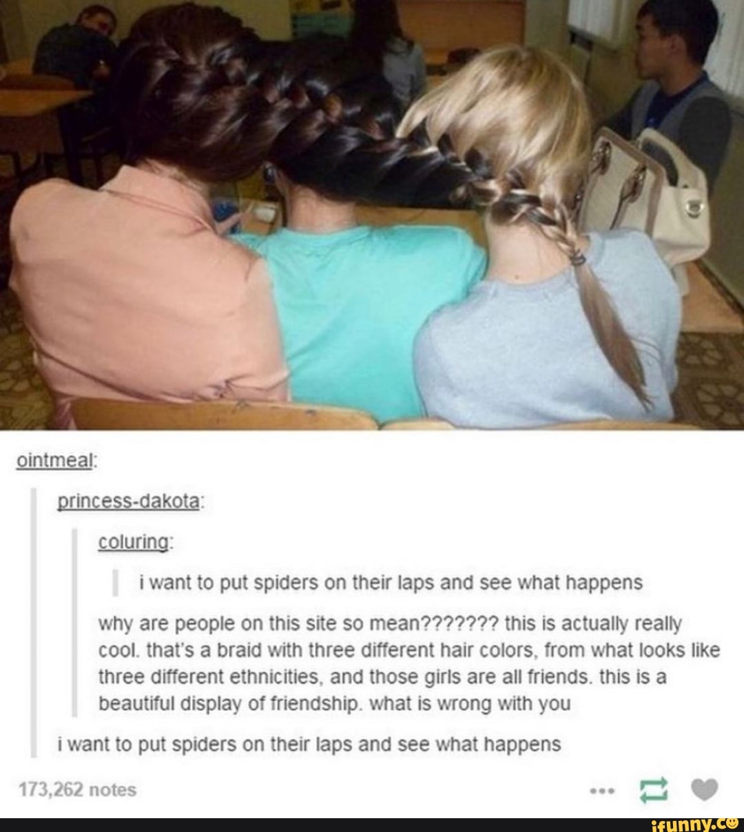 i want to put spiders on their laps and see what happens
why are people on this site so mean?27727979 this is actually really
cool. that's a braid with three different hair colors, from what looks like
three different ethnicities, and those girls are all friends. this is a
beautiful display of friendship. what is wrong with you
i want to put spiders on their laps and see what happens