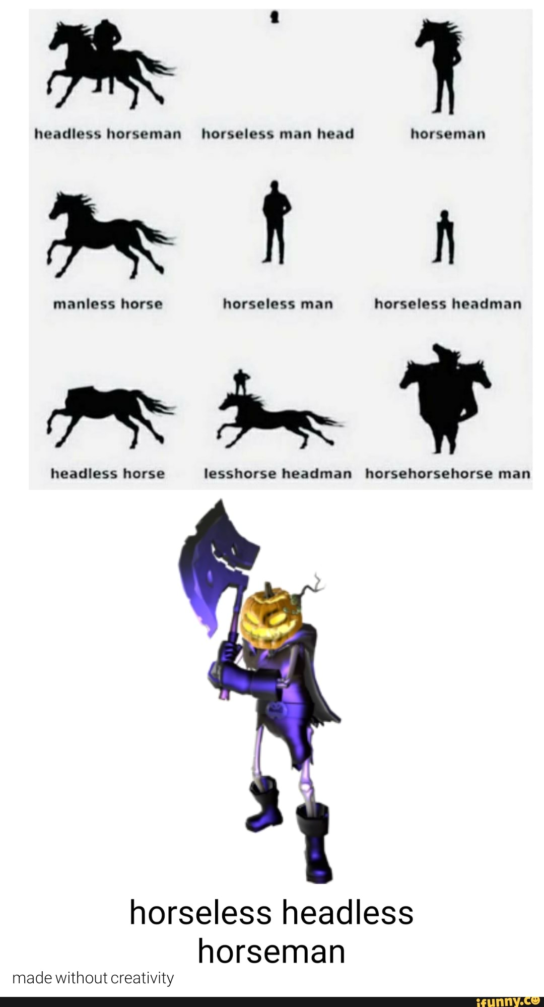 Headless Horseman Horseless Man Head Horseman Manless Horse Horseless Man Horseless Headman Headless Horse Lesshorse Headman Horsehorsehorse Man Horseless Headless Horseman Made Without Creativity Ifunny