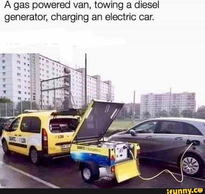 A gas powered van, towing a diesel generator, charging an electric car