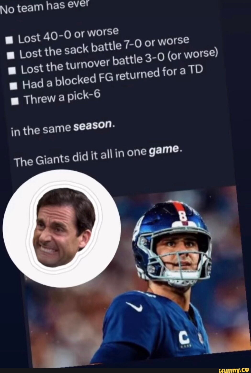 The Athletic] No team has ever ◽️ Lost 40-0 or worse ◽️ Lost the sack  battle 7-0 or worse ◽️ Lost the turnover battle 3-0 (or worse) ◽️ Had a  blocked FG