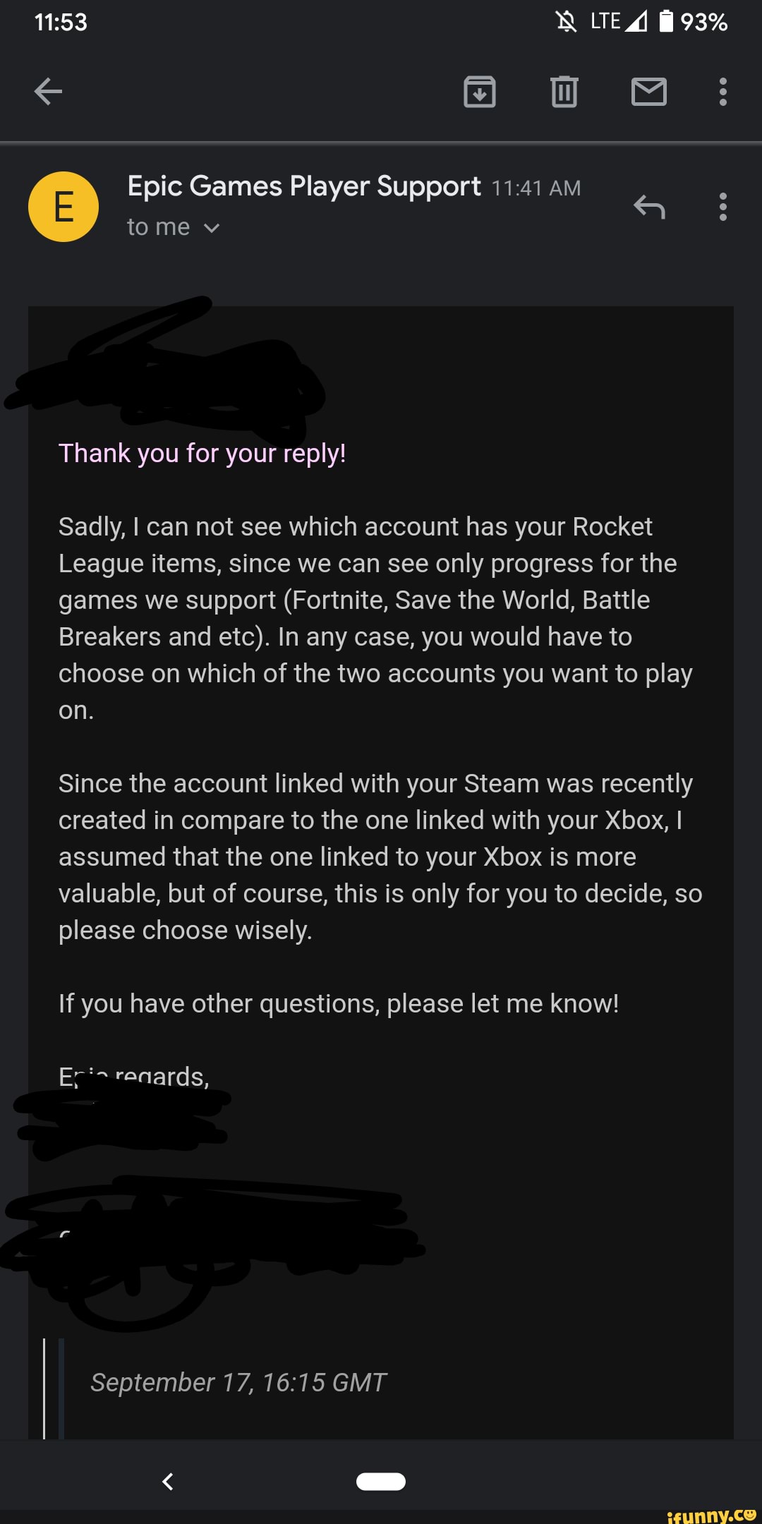 Lea 93 Oo Ww Epic Games Player Support Am Tome V Thank You For Your Reply Sadly I Can Not See Which Account Has Your Rocket League Items Since We Can See