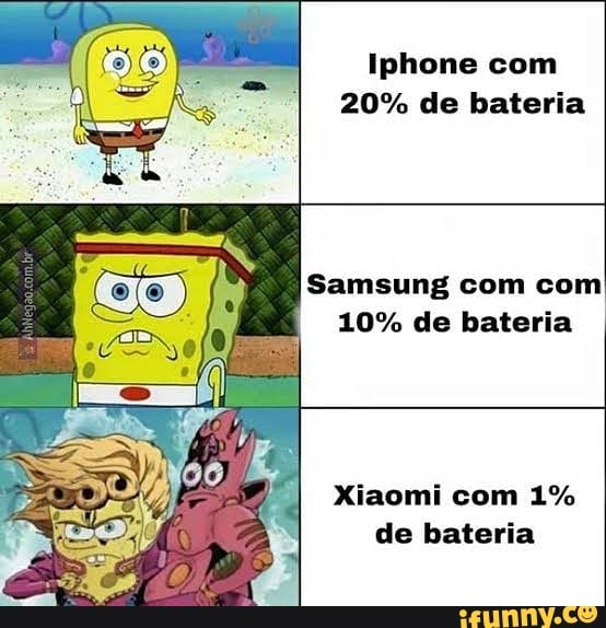 Iphone com
20% de bateria
Samsung com com
10% de bateria
Xiaomi com 1% de bateria