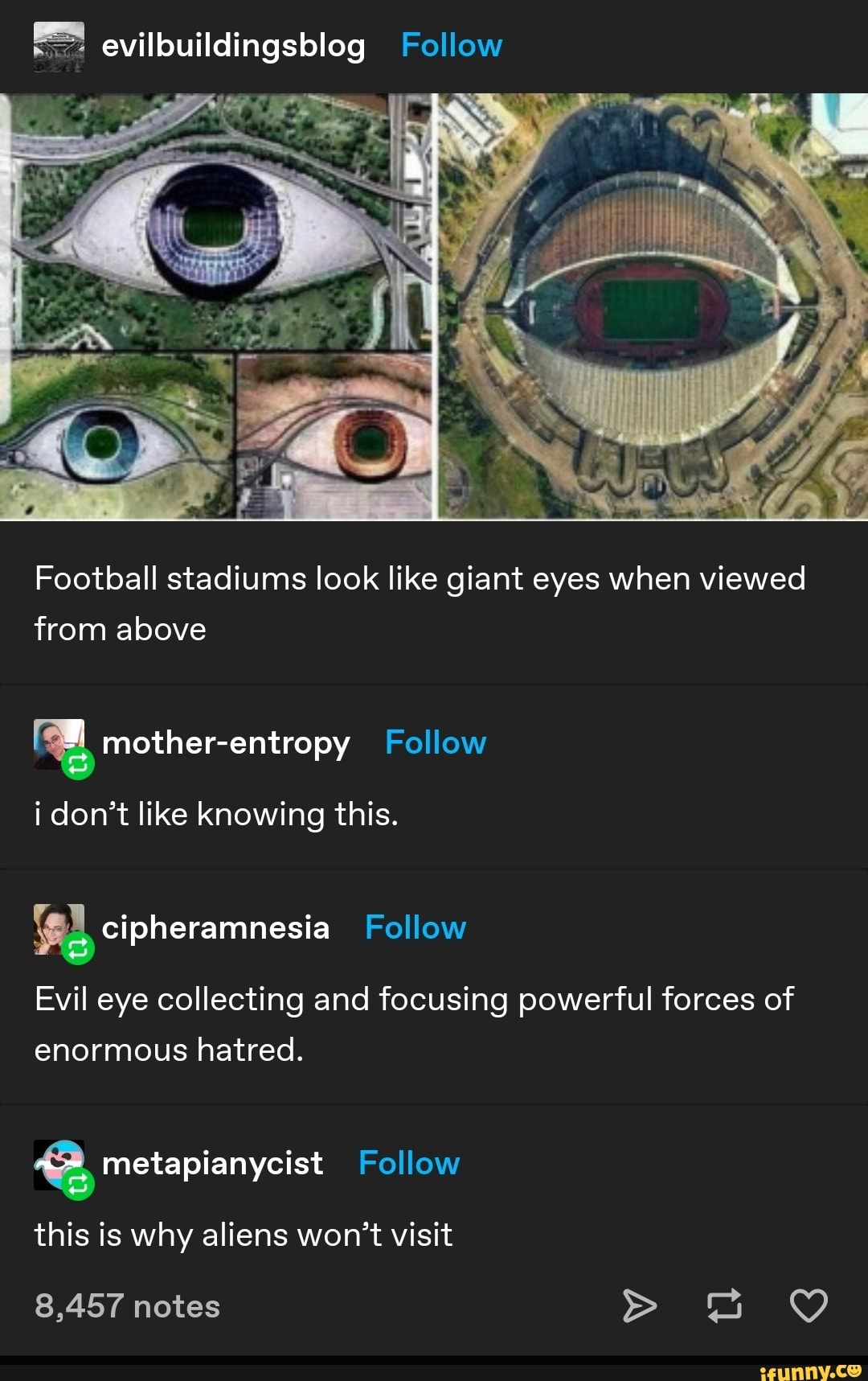Evilbuildingsblog Follow Football stadiums look like giant eyes when