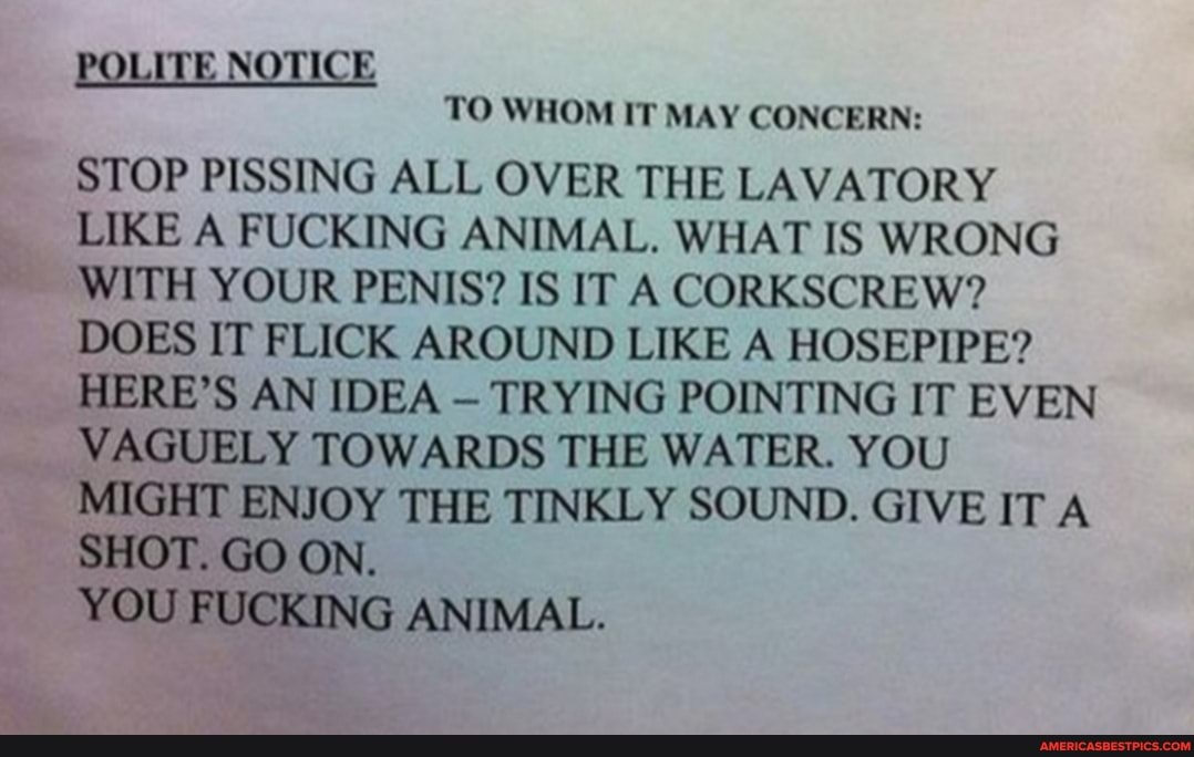 POLITE NOTICE
TO WHOM IT MAY CONCERN:
STOP PISSING ALL OVER THE LAVATORY LIKE A FUCKING ANIMAL. WHAT IS WRONG WITH YOUR PENIS? IS IT A CORKSCREW?
DOES IT FLICK AROUND LIKE A HOSEPIPE?
HERE'S AN IDEA TRYING POINTING IT EVEN VAGUELY TOWARDS THE WATER. YOU MIGHT ENJOY THE TINKLY SOUND. GIVE IT A SHOT. GO ON.
YOU FUCKING ANIMAL.