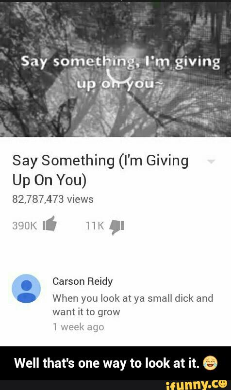 Say Something (I'm Giving
Up On You)
82,787,473 views
. Carson Heidy
. When you look at ya small dick and
want it to grow
Well that's one way to look at it. e - Well that's one way to look at it. π