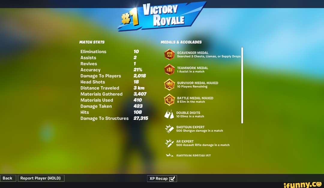 MATCH STATS
Eliminations ICAVENGER MEDAL Assists Searched 3 Chests, Llamas, or Supply DroI Revives
Accuracy
Damage To Players 2,018
Head Shots 18 SURVIVOR MEDAL MAXED Distance Traveled Players
Materials Gathered 3,407
Materials Used 410
Damage Taken 423
Damage To Structures 27,315
SHOTGUN EXPERT
500 Shotgun damage in a match
AR EXPERT
500 Assault Rifle damage in a match
SHOTGIN SPFCIALIST
Dananrt Diavar [LINI