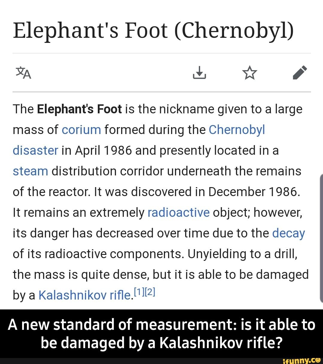Elephant's Foot (Chernobyl) The Elephant's Foot is the nickname given