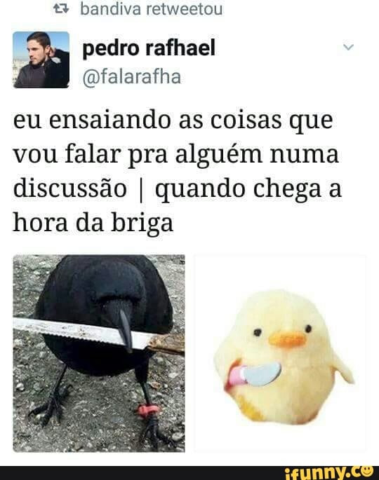 € bandiva retweetou
pedro rafhael
@falarafha
eu ensaiando as coisas que
vou falar pra alguém numa
discussão I quando chega a
hora da briga