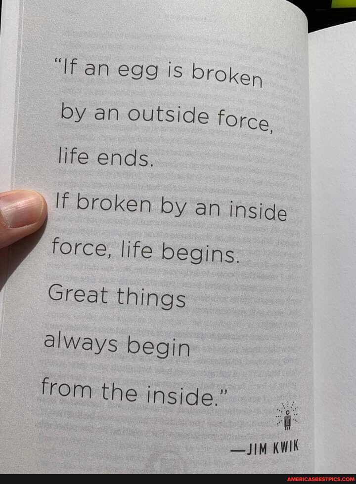 "If an egg is broken by an outside force, life ends.
If broken by an inside force, life begins.
Great things always begin from the inside."
-JIM KWIK