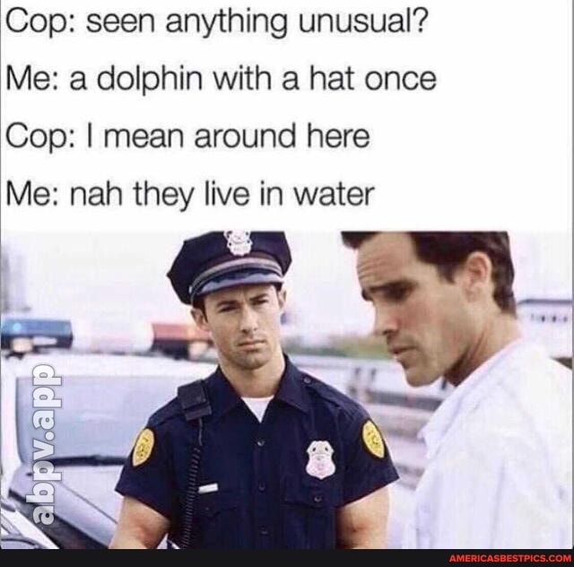 Cop: seen anything unusual?
Me: a dolphin with a hat once
Cop: I mean around here
Me: nah they live in water
I gn