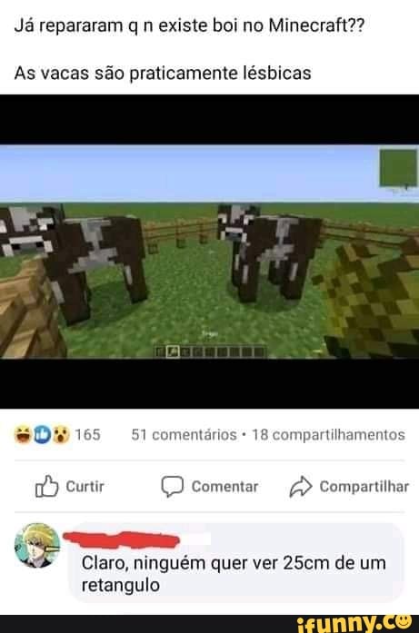 Já repararam q n existe boi no Minecraft??
As vacas são praticamente lésbicas
De
dire
Claro, ninguém quer ver 25cm de um
retangulo