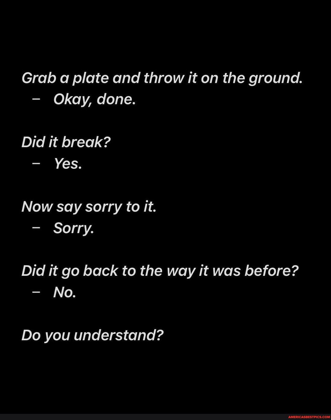 Grab a plate and throw it on the ground.
Okay, done.
Did it break?
Yes.
Now say sorry to it.
Sorry.
Did it go back to the way it was before?
No.
Do you understand?