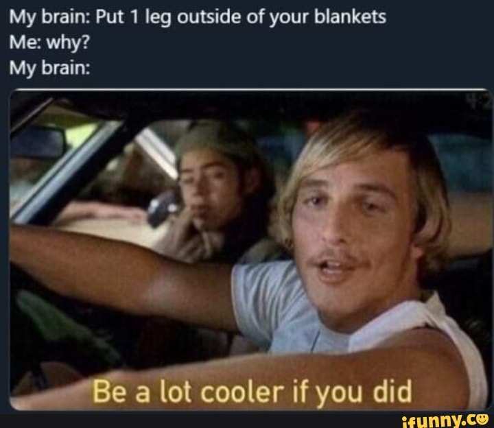 My brain: Put 1 leg outside of your blankets
ME ed
My brain: