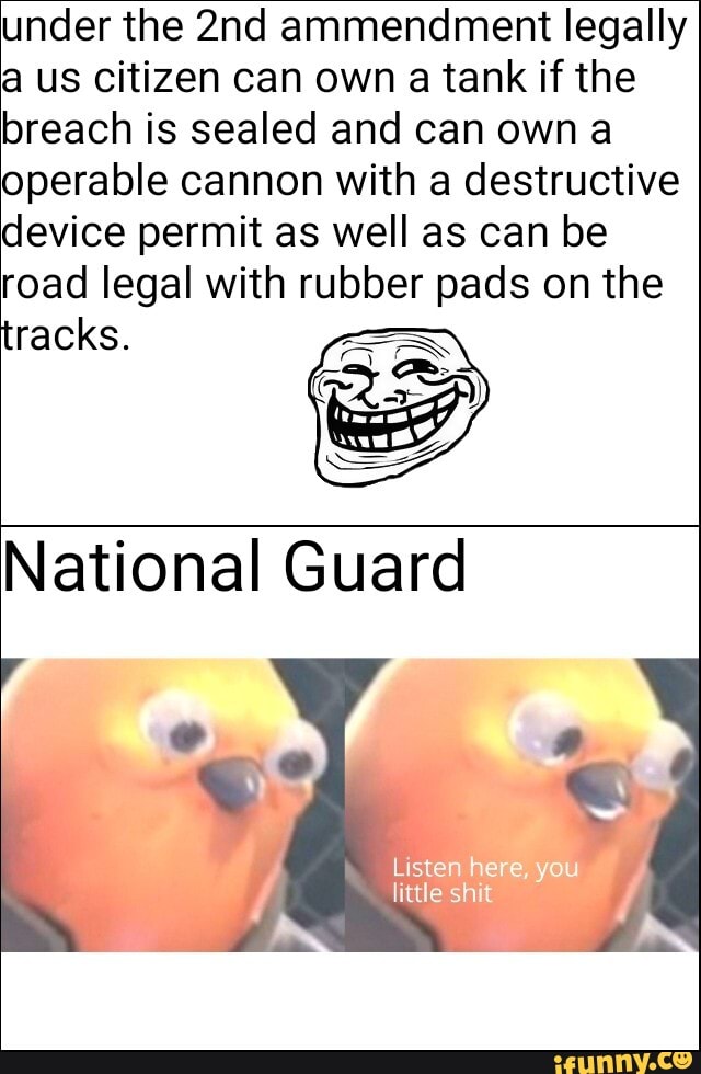 Under the 2nd ammendment legally a us citizen can own a tank if the