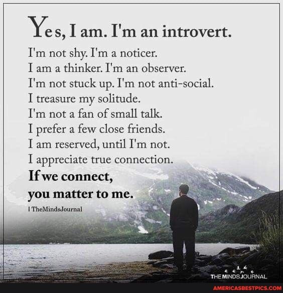 Ye s, Tam. I'm an introvert.
I'm not shy. I'm a noticer.
Tam a thinker. I'm an observer.
I'm not stuck up. I'm not anti-social.
I treasure my solitude.
I'm not a fan of small talk.
I prefer a few close friends.
Tam reserved, until I'm not.
appreciate true connection.
If we connect, you matter to me.
TheMindsJournal